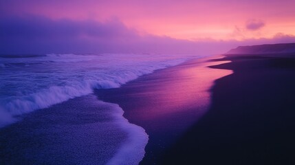 Fototapeta premium Waves Crashing on a Purple Sand Beach at Sunset