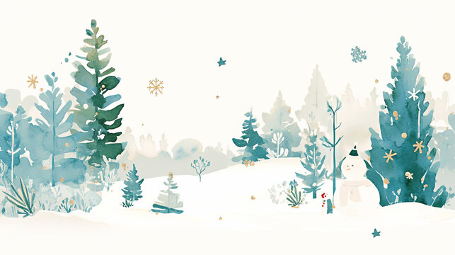 A whimsical winter scene in soft pastels captures the magic of a snowy wonderland