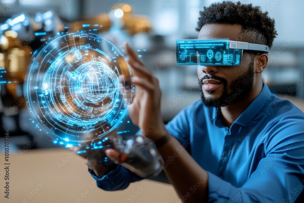 Aufkleber Realistic image of an engineer using augmented reality glasses to overlay digital information on a physical object during the reverse engineering process