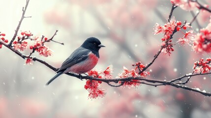 A colorful bird perched on a blossoming branch during light snowfall in a tranquil spring setting