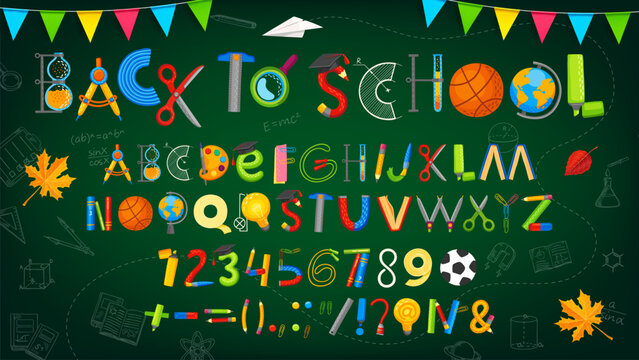 School stationery font, education supply type, cartoon student alphabet on blackboard vector background. Back to school typography, english alphabet letters and numbers font, book, scissors and globe