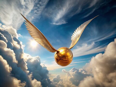 Gleaming Golden Snitch Soaring Through the Air Against a Soft Cloudy Background in Bright Light
