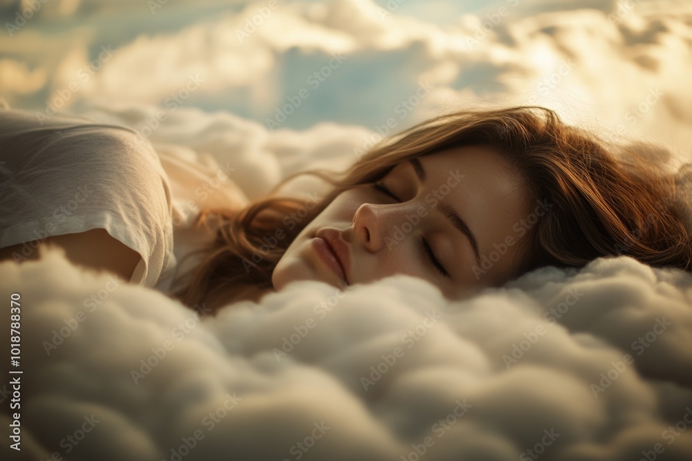 Poster a person relaxing in a cloudy environment with their eyes closed