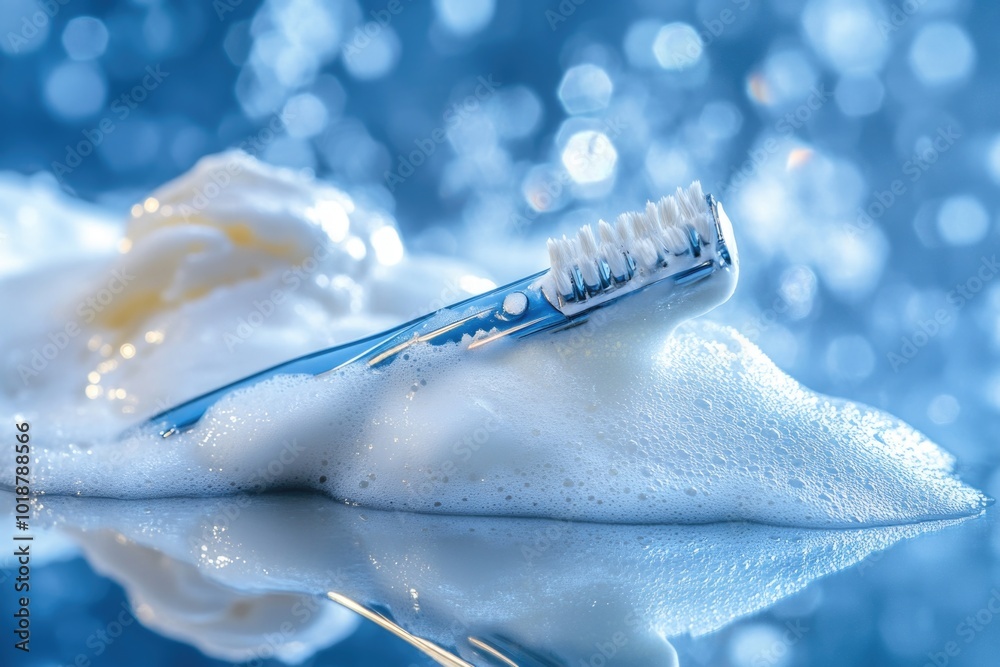 Poster A toothbrush rests atop a stack of soft, white foam