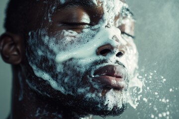 A close-up shot of a person shaving their facial hair with foam