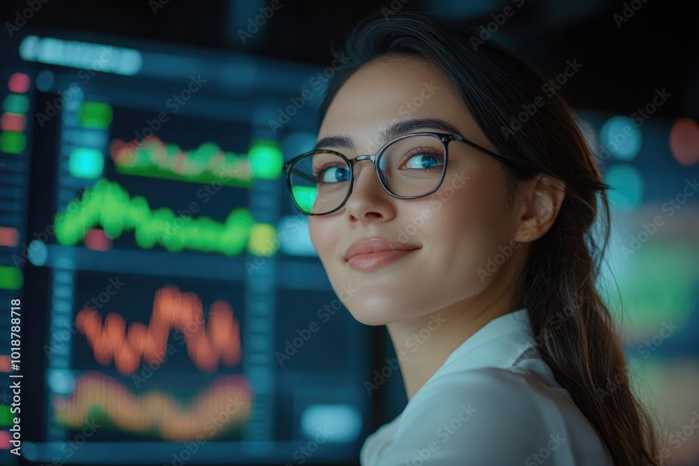 Wall mural A woman wearing glasses stares at a computer screen