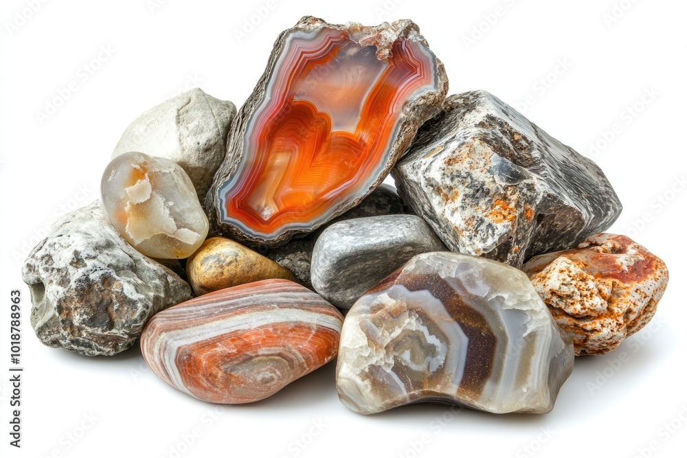 Poster a collection of variously colored rocks arranged on a white background