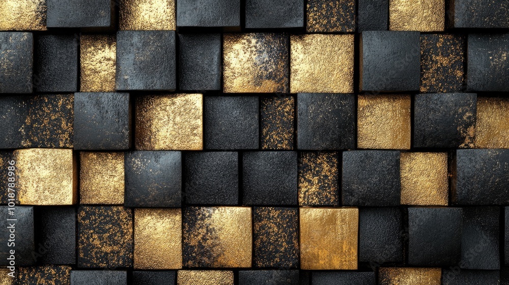 Poster a unique pattern made of black and gold squares on a wall