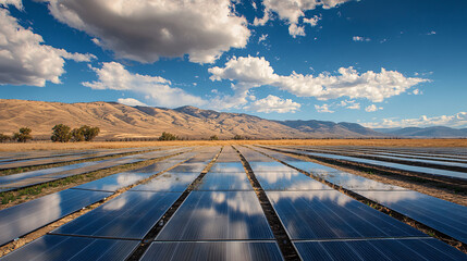 Solar Panels in a Mountain Valley with Blue Sky and Clouds