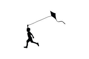 Boy Flying Kite Silhouette, Isolated Child Playing Outdoors Illustration