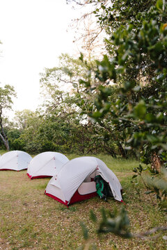 Red and white tents in a row