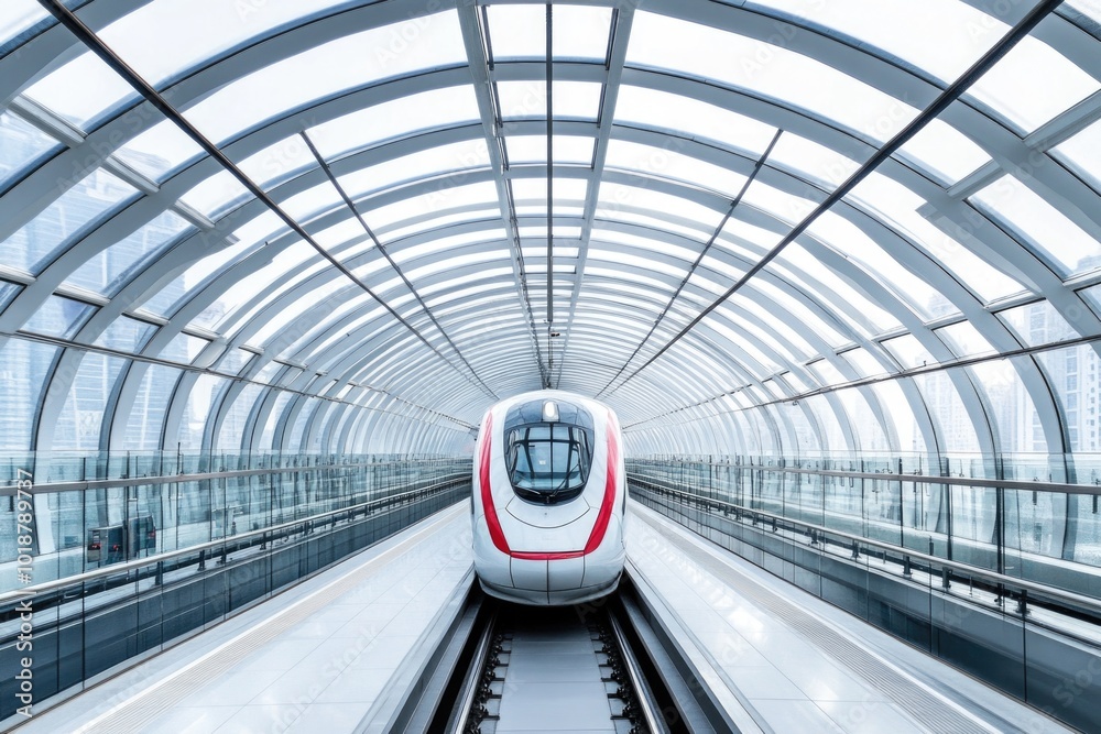 Poster train passing through a dark tunnel with red and white colors, can be used for transportation or tra