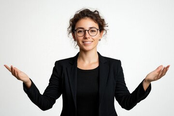 A woman in a black jacket and glasses holds out her hands, possibly seeking help or attention