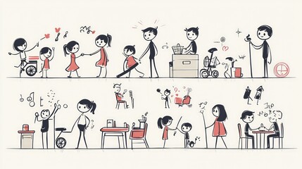 Fototapeta premium A collection of stick figure illustrations depicting a familya??s daily routines, capturing the essence of their everyday life and activities.