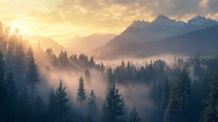 Obraz premium A quiet morning in a dense foggy forest at sunrise nature background