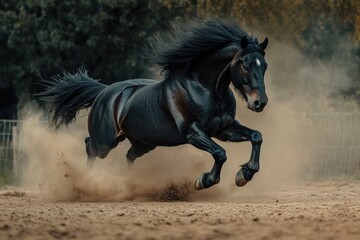 A black horse gallops across a dirt field, manure flying behind it