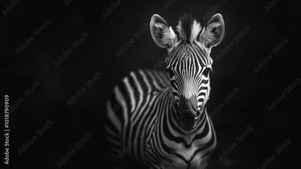 Poster a close-up of a zebra's face in monochrome, highlighting its unique stripes