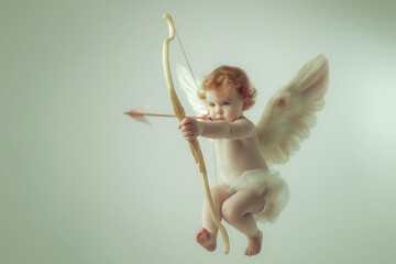 Fototapeta premium cute curly baby cupid shoots an arrow from his bow, valentines day