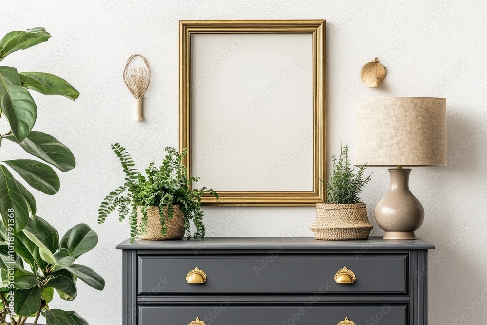 Poster simple bedroom furniture with a lamp and picture frame on top
