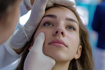 Fototapeta premium A close-up of a woman having her eyebrows shaped and trimmed by a professional doctor in a medical setting