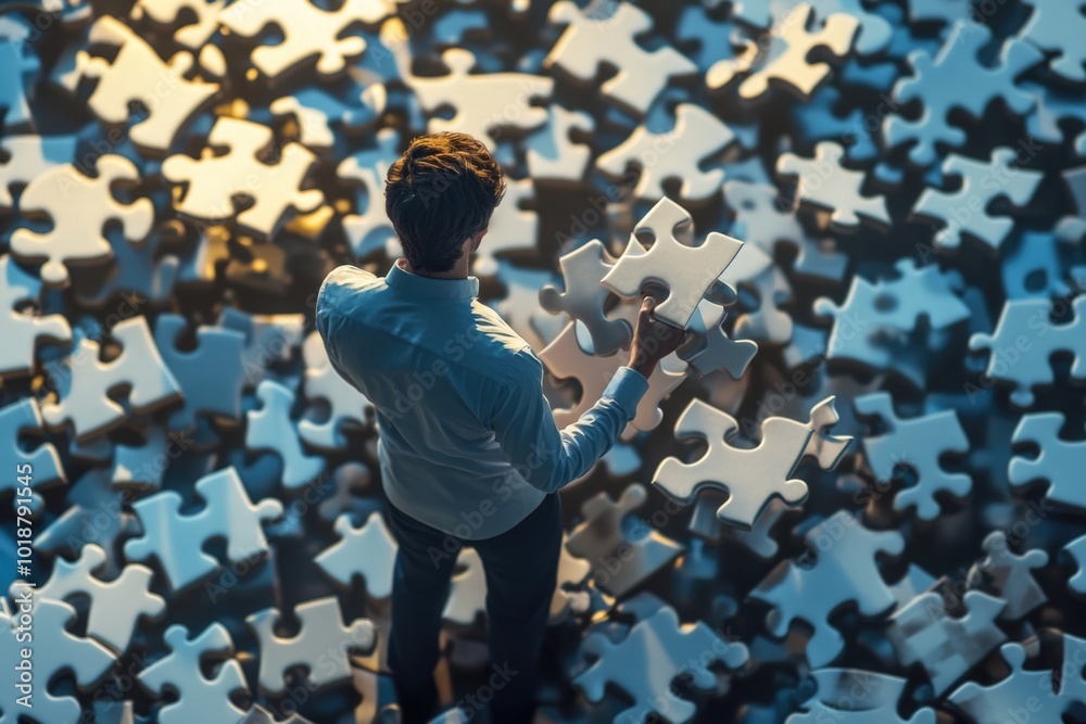 Aufkleber A person holds a single puzzle piece in front of a large collection of similar pieces, ideal for use in illustrations about problem-solving or creative thinking