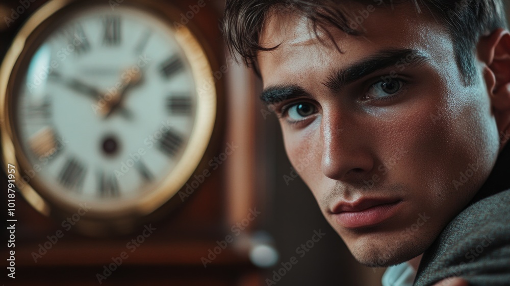 Poster a person holding something with a clock in the background, useful for time-themed illustrations or r