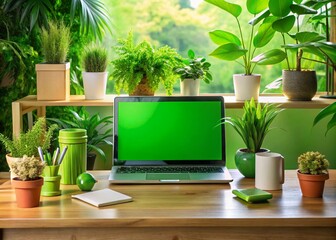 Fototapeta premium Green Computer on Desk with Eco-Friendly Accessories and Plants for Sustainable Technology Concept