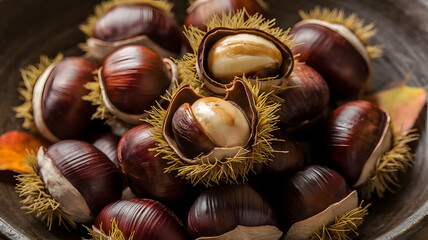 A bowl of roasted chestnuts with cracked shells revealing the soft, warm nuts inside. Arranged in a rustic bowl with scattered leaves for an autumnal touch.






