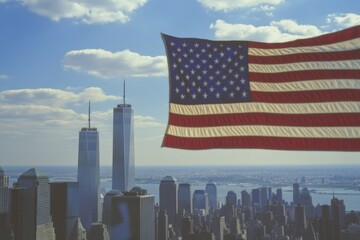Naklejka premium A patriotic symbol flies high above the urban landscape