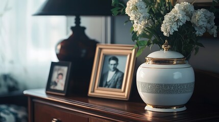 A cremation urn displayed alongside cherished keepsake items, such as a framed photograph and a folded letter, symbolizing personal remembrance.