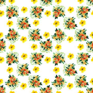 Pattern con bouquet di fiori arancio e capolini di fiori gialli su sfondo bianco