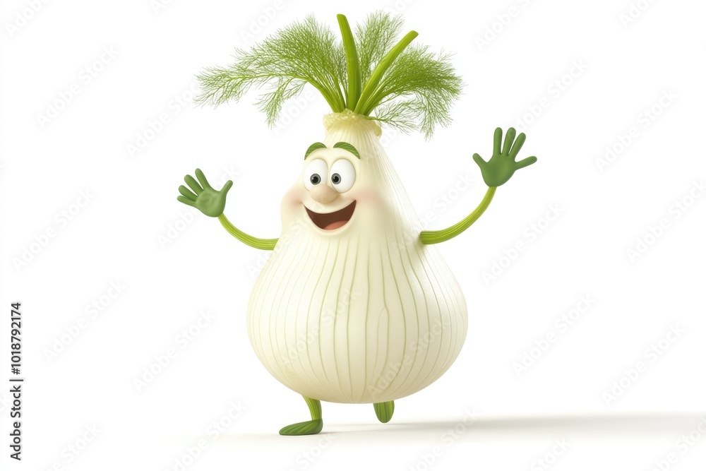 Poster A colorful illustration of an onion with a smiling face and arms, suitable for various uses such as food illustration, advertisement, or educational materials