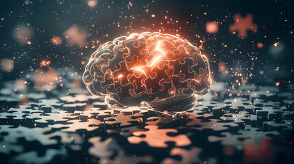 A brain surrounded by puzzle pieces in disarray