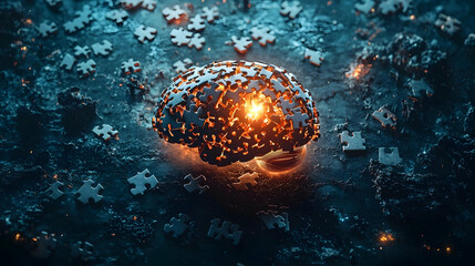 A brain surrounded by puzzle pieces in disarray