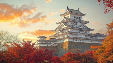 Naklejka premium Himeji Castle with beautiful cherry blossom.