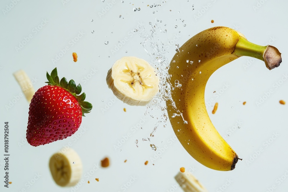 Poster a banana and strawberry fall into the water in this bright and colorful scene