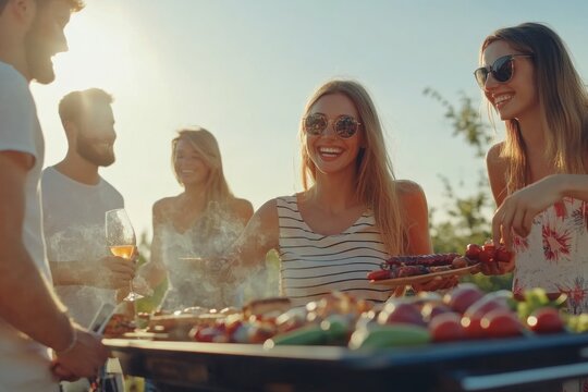 Group of friends and family enjoying a barbecue gathering, perfect for summer parties or outdoor events