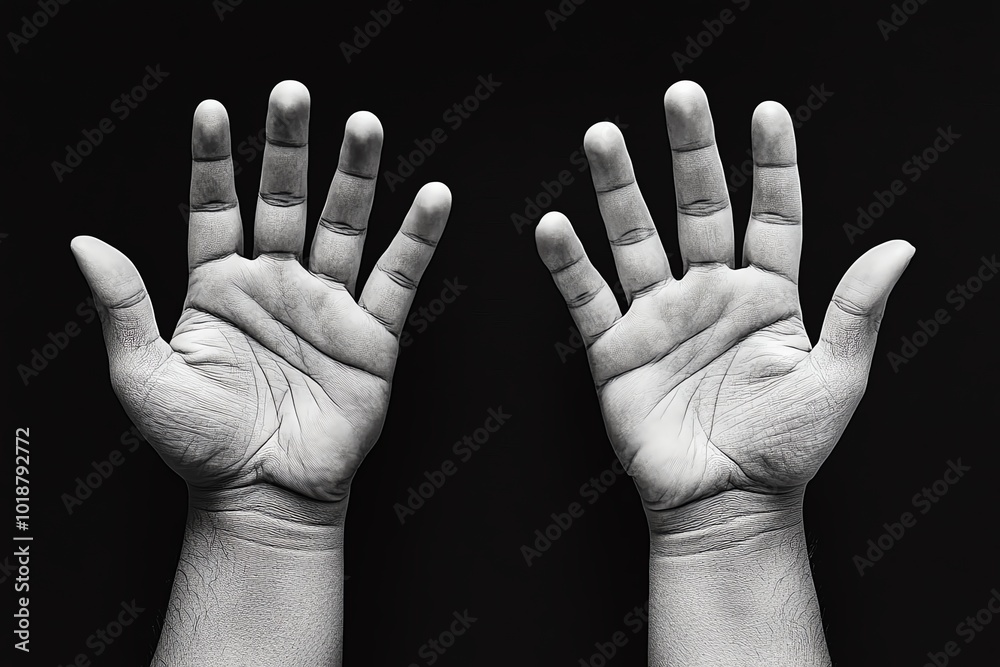 Poster Realistic image of two hands, one reaching up into the light and the other reaching down into shadow, symbolizing the dualism of aspiration and grounding