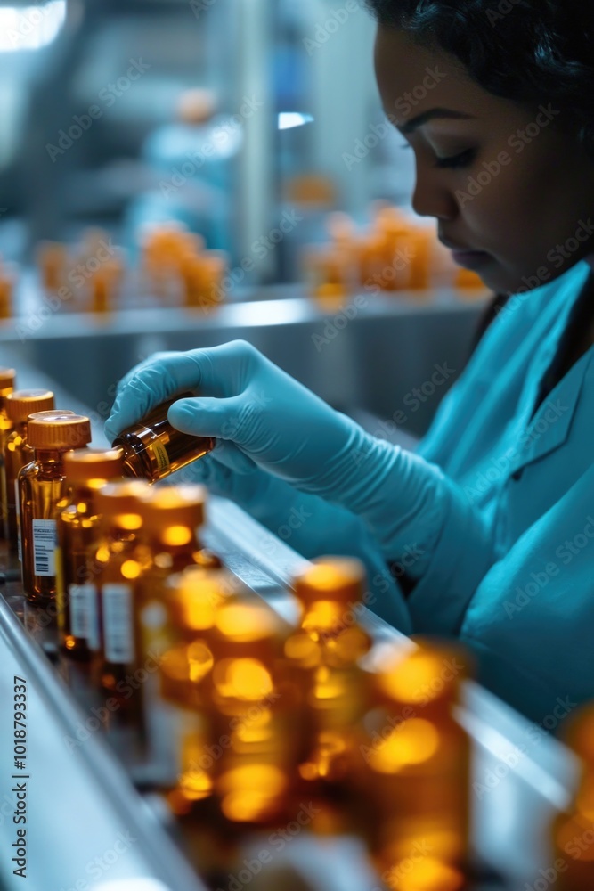 Poster a woman in a lab coat and gloves is working on bottles, likely conducting experiments or testing sam