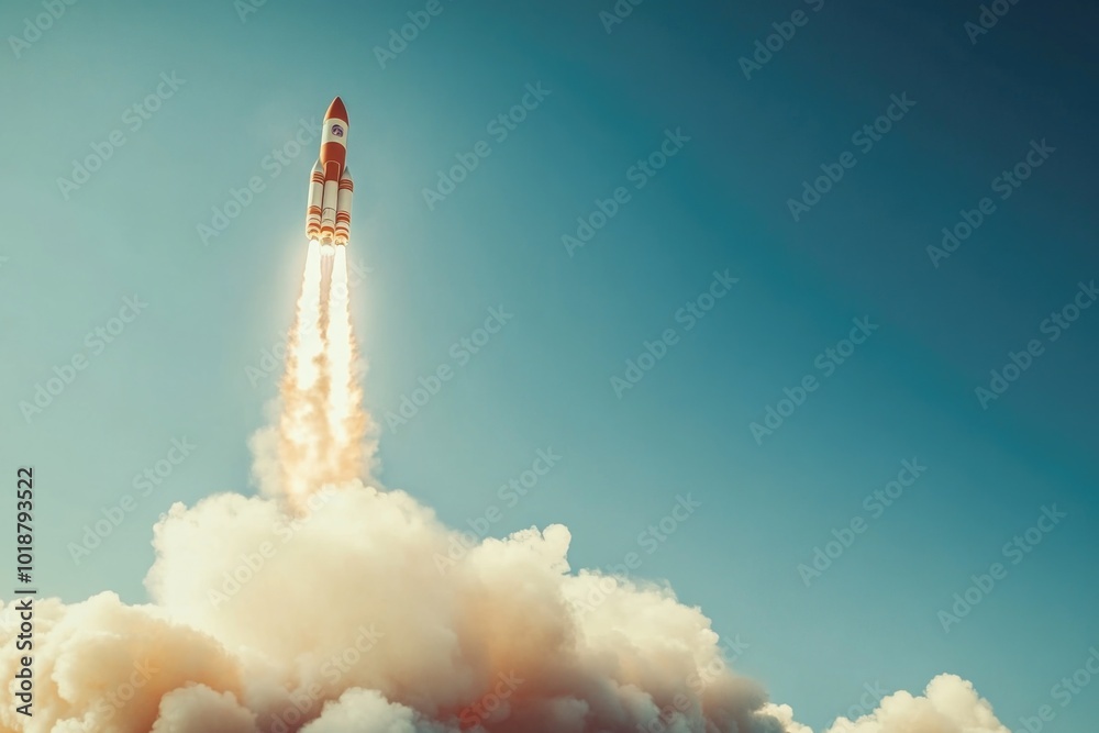 Poster a rocket blasting off into space from a cloudy atmosphere, ideal for astronomy, science and technolo