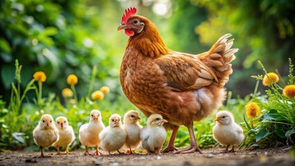 Fototapeta premium Heartwarming Images of Hen with Adorable Chicks in a Natural Outdoor Farm Setting