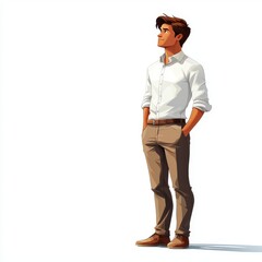 Fototapeta premium A young man stands confidently with hands in pockets, dressed in a white shirt and beige pants against a minimalist background