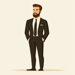 Obraz premium A stylish man in a formal black suit stands confidently with hands in pockets against a simple background