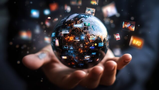 Hand holding a digital Earth with various media images floating around it, symbolizing global communication and technology for online advertising Generative AI