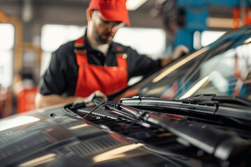 a mechanic inspecting windshield wipers at an auto repair shop