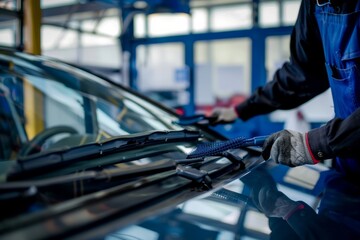 a mechanic inspecting windshield wipers at an auto repair shop