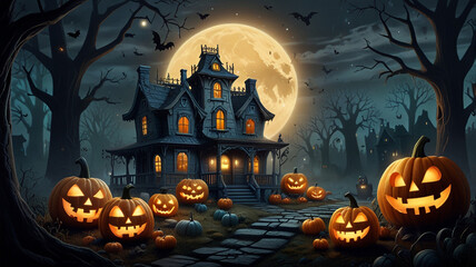 Cute Cartoon Haunted House with Jack-o'-lanterns