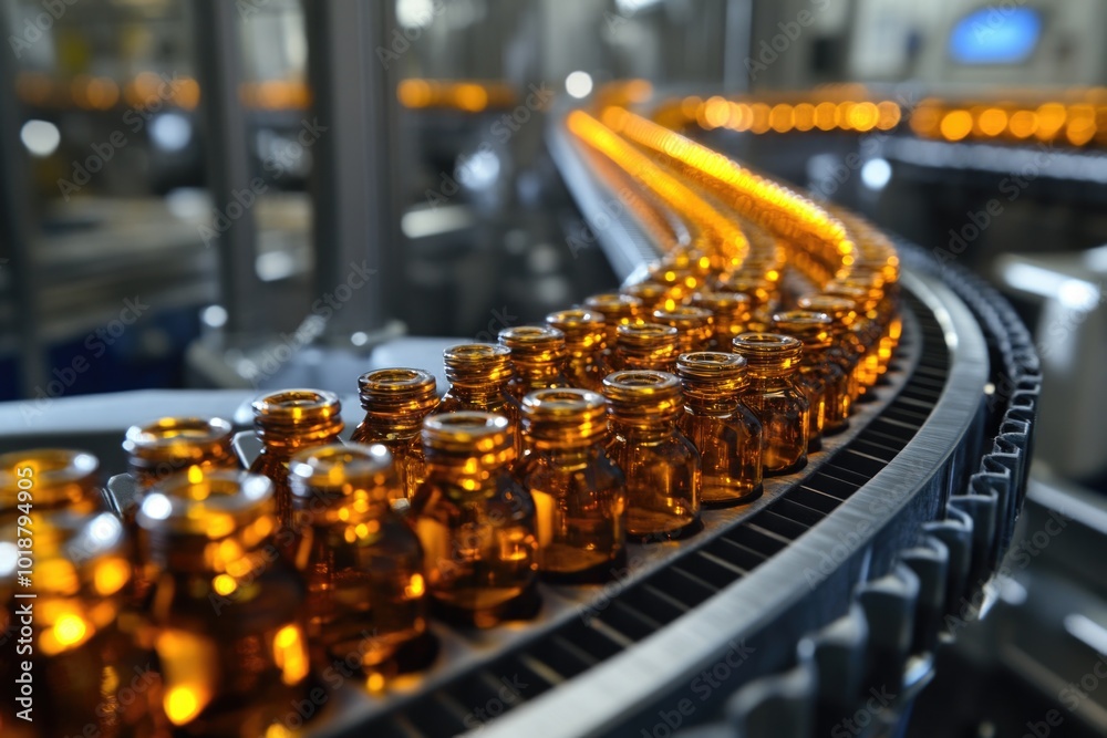 Poster a moving conveyor belt filled with bottles of beer, ready for packaging and distribution