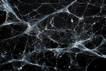 Close-up shot of a spider web on a black background, suitable for dark and mysterious themes