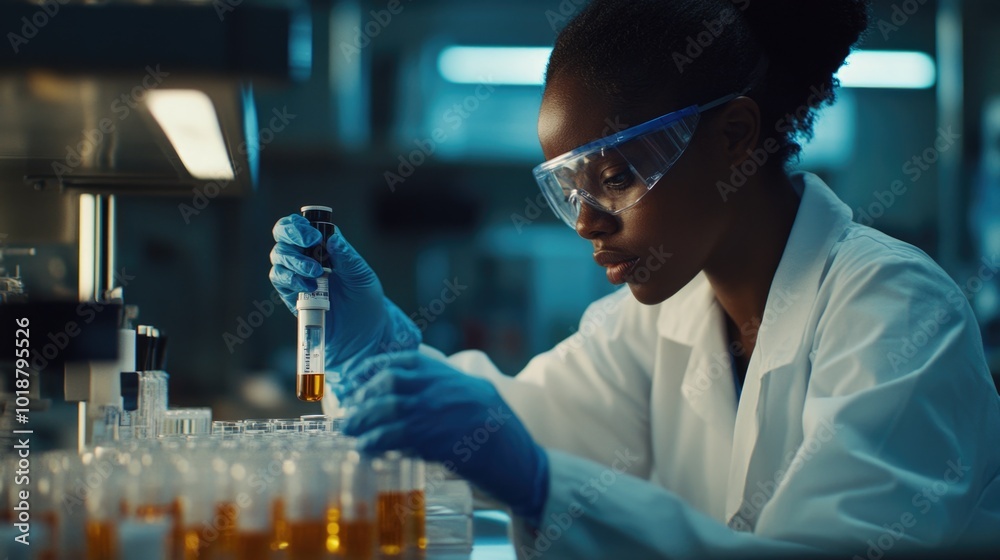 Poster a scientist in a lab coat and goggles holds a test tube, ready for experimentation
